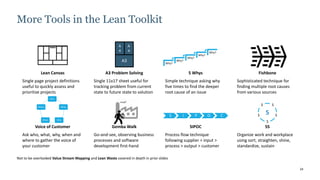 24
More Tools in the Lean Toolkit
Not to be overlooked Value Stream Mapping and Lean Waste covered in depth in prior slides
Lean Canvas
Single page project definitions
useful to quickly assess and
prioritize projects
A3 Problem Solving
Single 11x17 sheet useful for
tracking problem from current
state to future state to solution
5 Whys
Simple technique asking why
five times to find the deeper
root cause of an issue
Voice of Customer
Ask who, what, why, when and
where to gather the voice of
your customer
Gemba Walk
Go-and-see, observing business
processes and software
development first-hand
SIPOC
Process flow technique
following supplier > input >
process > output > customer
5S
Organize work and workplace
using sort, straighten, shine,
standardize, sustain
A3
A
4
A
4
Why?
Why?
Why?
Why?
Why?
Who
What
Why
When
Where
S I P O C
S
S
S
S
S
Fishbone
Sophisticated technique for
finding multiple root causes
from various sources
5
 