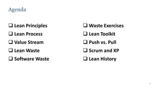 5
 Lean Principles
 Lean Process
 Value Stream
 Lean Waste
 Software Waste
 Waste Exercises
 Lean Toolkit
 Push vs. Pull
 Scrum and XP
 Lean History
Agenda
 