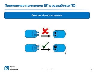 20
Return on Intelligence, Inc. ©2014
All Rights Reserved.
Применение принципов БП к разработке ПО
Принцип «Защита от дурака»
 