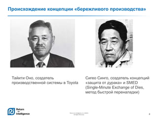 4
Return on Intelligence, Inc. ©2014
All Rights Reserved.
Происхождение концепции «бережливого производства»
Тайити Оно, создатель
производственной системы в Toyota
Сигео Синго, создатель концепций
«защита от дурака» и SMED
(Single-Minute Exchange of Dies,
метод быстрой переналадки)
 