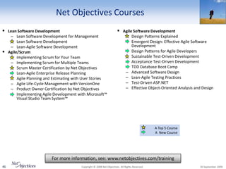 Net Objectives Courses
 Lean Software Development                                           Agile Software Development
   – Lean Software Development for Management                               – Design Patterns Explained
   – Lean Software Development                                              – Emergent Design: Effective Agile Software
   – Lean-Agile Software Development                                          Development
 Agile/Scrum                                                               – Design Patterns for Agile Developers
   – Implementing Scrum for Your Team                                       – Sustainable Test-Driven Development
   – Implementing Scrum for Multiple Teams                                  – Acceptance Test-Driven Development
   – Scrum Master Certification by Net Objectives                           – TDD Database Boot Camp
   – Lean-Agile Enterprise Release Planning                                 – Advanced Software Design
   – Agile Planning and Estimating with User Stories                        – Lean-Agile Testing Practices
   – Agile Life-Cycle Management with VersionOne                            – Test-Driven ASP.NET
   – Product Owner Certification by Net Objectives                          – Effective Object-Oriented Analysis and Design
   – Implementing Agile Development with Microsoft™
       Visual Studio Team System™




                                                                                               A Top 5 Course
                                                                                               A New Course




                        For more information, see: www.netobjectives.com/training
46                                     Copyright © 2008 Net Objectives. All Rights Reserved.                       30 September 2009
 