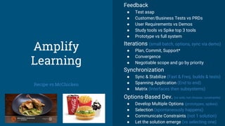 Amplify
Learning
Recipe vs McChicken
Feedback
● Test asap
● Customer/Business Tests vs PRDs
● User Requirements vs Demos
● Study tools vs Spike top 3 tools
● Prototype vs full system
Iterations (small batch, options, sync via demo)
● Plan, Commit, Support*
● Convergence
● Negotiable scope and go by priority
Synchronization
● Sync & Stabilize (Fast & Freq. builds & tests)
● Spanning Application (End to end)
● Matrix (Interfaces then subsystems)
Options-Based Dev. (vs sols; not choices, constraints)
● Develop Multiple Options (prototypes, spikes)
● Selection (spontaneously happens)
● Communicate Constraints (not 1 solution)
● Let the solution emerge (vs selecting one)
 