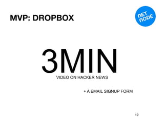 MVP: DROPBOX




     3MIN
        VIDEO ON HACKER NEWS


                  + A EMAIL SIGNUP FORM




                                          19
 