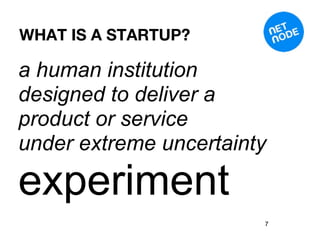 WHAT IS A STARTUP?

a human institution
designed to deliver a
product or service
under extreme uncertainty

experiment
                        7
 