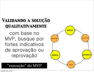 Validando a solução
   qualitativamente
         com base no
       MVP, busque por
       fortes indicativos
       de aprovação ou
          reprovação

           “execução” do MVP
Thursday, June 16, 2011
 
