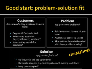 Customers                                       Problem
do I know who they are & how to reach              top 3 customer problems?
               them?
                                                 Pain level: must have vs nice to
    Segment? Early adopter?                      have
    Roles: user, economic
                                                 Awareness: active vs. latent
     buyer, influencer, saboteur?
    How do they search for                      Alternatives : how do they deal
     products?                                    with these problems today?


                                   Solution
                              top 3 product features?
          Do they solve the top 3 problems?
          Barriers to adoption (e.g. fit/integration with existing workflow)?
          Is my price accepted?
 