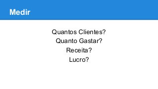 Medir
Quantos Clientes?
Quanto Gastar?
Receita?
Lucro?
 