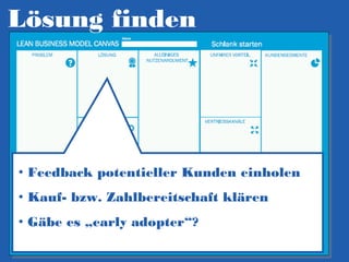 Lösung finden

• Feedback potentieller Kunden einholen
• Kauf- bzw. Zahlbereitschaft klären
• Gäbe es „early adopter“?

 
