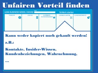 Unfairen Vorteil finden

Kann weder kopiert noch gekauft werden!
z.B.:
Kontakte, Insider-Wissen,
Kundenbeziehungen, Wahrnehmung,
…

 