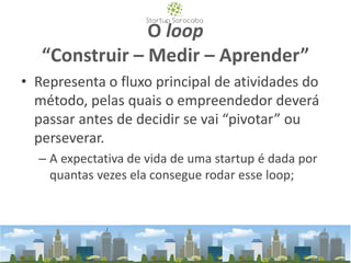 O loop
“Construir – Medir – Aprender”
• Representa o fluxo principal de atividades do
método, pelas quais o empreendedor deverá
passar antes de decidir se vai “pivotar” ou
perseverar.
– A expectativa de vida de uma startup é dada por
quantas vezes ela consegue rodar esse loop;
 