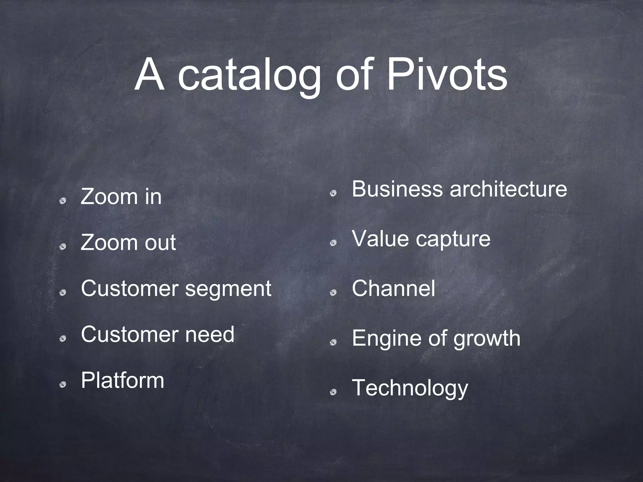 A catalog of Pivots
Zoom in
Zoom out
Customer segment
Customer need
Platform
Business architecture
Value capture
Channel
Engine of growth
Technology
 