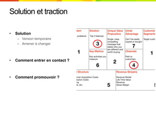 Solution et traction
• Solution
– Version temporaire
– Amener à changer
• Comment entrer en contact ?
• Comment promouvoir ?
 