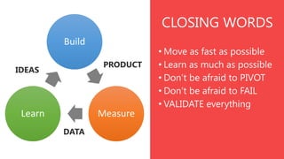 CLOSING WORDS
Build
PRODUCT

IDEAS

Learn

Measure
DATA

• Move as fast as possible
• Learn as much as possible
• Don’t be afraid to PIVOT
• Don’t be afraid to FAIL
• VALIDATE everything

 