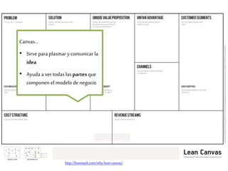 Canvas…
• Sirve para plasmar y comunicar la
idea
• Ayuda a ver todas las partes que
componen el modelo de negocio
http://leanstack.com/why-lean-canvas/
 