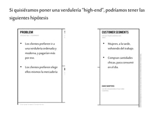 Siquisiéramosponer una verdulería “high-end”,podríamostener las
siguienteshipótesis
• Los clientes prefieren ir a
una verdulería ordenada y
moderna, y pagarían más
por eso.
• Los clientes prefieren elegir
ellos mismos la mercadería
• Mujeres, a la tarde,
volviendo del trabajo.
• Compran cantidades
chicas, para consumir
enel día.
 