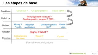 Les étapes de base

Fondations     Qui je suis ?    Ce queje propose      A quije vends ?

                          Mon projet tient-il la route ?
Réflexions
                       Quelles question se poser ? BMC…

Itérations   Money ?     Raconter          Montrer qq chose    Valider ?
             P and L    son histoire            MVP             Lean

Validation                     Signal d’achat ?
             Compétences               Web 2.0                Co-xxx
 Execution     De vente

                          Formalités et obligations



                                                                           CoEntrepreneurs.be   Page § 5
 