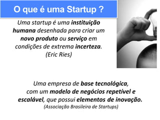 O que é uma Startup?
Uma empresa de base tecnológica,
com um modelo de negócios repetível e
escalável, que possui elementos de inovação.
(Associação Brasileira de Startups)
Uma startup é uma instituição
humana desenhada para criar um
novo produto ou serviço em
condições de extrema incerteza.
(Eric Ries)
O que é uma Startup ?
 