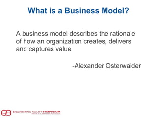 What is a Business Model?
A business model describes the rationale
of how an organization creates, delivers
and captures value
-Alexander Osterwalder
 