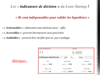 est une approche empirique,
qui a besoin d’être documentée
pour représenter le modèle d’affaire en
cours de découverte
le Lean Startup
 
