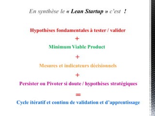 Lean Canvas
Problème
3 problèmes
essentiels
1
Solution
3 fonctionnalités
essentielles
4
Proposition de
Valeur Unique
message simple,
clair et persuasif
expliquant en quoi
votre produit ou
service est
différent et mérite
d’être acheter
3
Avantage
concurrentiel
ce qui vous permet
de ne pas être
facilement copié
ou acheté
9
Segments de
clientèle
vos clients cibles
et les segments de
marchés associés
2Indicateurs Clés
activités clés que
vous évaluez
8
Canaux
chemin d’accès à
vos clients
5
Structure des coûts
coûts d’acquisition de la clientèle
couts de distribution
hébergement
employés
…etc.
Sources de revenus
modèle de revenu
durée
revenu
marge brute
…etc.
7 6
 