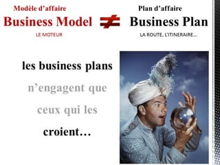 les business plans
n’engagent que
ceux qui les
croient…
Business Model Business Plan
LE MOTEUR LA ROUTE, L’ITINERAIRE…
Mod...