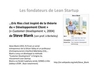 Les fondateurs de Lean Startup
…Eric Ries s’est inspiré de la théorie
du « Développement Client »
(« Customer Development ...
