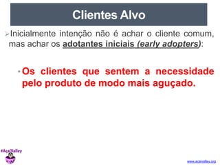 www.acaivalley.org 
Clientes Alvo 
Inicialmente intenção não é achar o cliente comum, 
mas achar os adotantes iniciais (early adopters): 
•Os clientes que sentem a necessidade 
pelo produto de modo mais aguçado. 
 