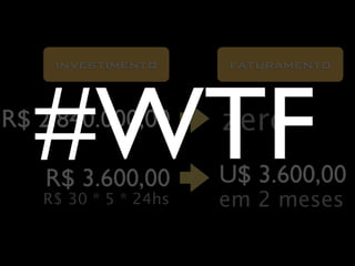 investimento      faturamento




  #WTF
R$ 2.840.000,00

   R$ 3.600,00
   R$ 30 * 5 * 24hs
                      zero
                      U$ 3.600,00
                      em 2 meses
 