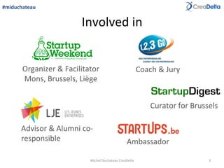 Involved	
  in	
  
Michel	
  Duchateau	
  CreaDelta	
   3	
  
Organizer	
  &	
  Facilitator	
  
Mons,	
  Brussels,	
  Liège	
  
Ambassador	
  
Advisor	
  &	
  Alumni	
  co-­‐
responsible	
  
Coach	
  &	
  Jury	
  
Curator	
  for	
  Brussels	
  	
  
#miduchateau	
  
 