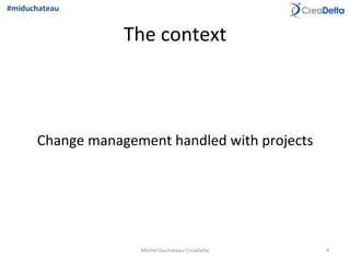 The	
  context	
  
4	
  Michel	
  Duchateau	
  CreaDelta	
  
#miduchateau	
  
	
  
	
  
Change	
  management	
  handled	
  with	
  projects	
  
 