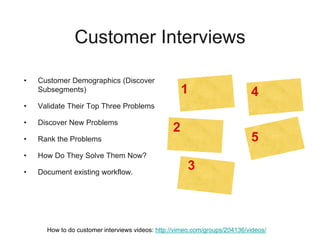 Customer Interviews
• Customer Demographics (Discover
Subsegments)
• Validate Their Top Three Problems
• Discover New Problems
• Rank the Problems
• How Do They Solve Them Now?
• Document existing workflow.
1
2
3
4
5
How to do customer interviews videos: http://vimeo.com/groups/204136/videos/
 