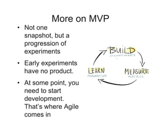 More on MVP
• Not one snapshot,
but a progression
of experiments
• Early experiments
have no product.
• At some point, you
need to start
development.
That’s where Agile
comes in
 