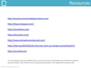 http://www.businessmodelgeneration.com/
http://blog.strategyzer.com/
http://steveblank.com/
https://leanstack.com/
http://www.startuplessonslearned.com/
https://hbr.org/2013/05/why-the-lean-start-up-changes-everything/ar/1
http://canvazify.com
Resources
© Abhijit Mhetre & Canvazify
P.S. Lean Startup, Business Model Canvas, Lean Canvas are terms/trademarks owned by respective
owners/creators. Use of these terms during the presentation is for explanation purpose only.
 