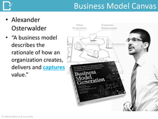 • Alexander
Osterwalder
• “A business model
describes the
rationale of how an
organization creates,
delivers and captures
value.”
Business Model Canvas
© Abhijit Mhetre & Canvazify
 