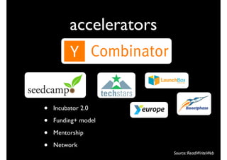accelerators



•   Incubator 2.0

•   Funding+ model

•   Mentorship

•   Network
                         Source: ReadWriteWeb
 