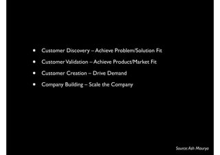 •   Customer Discovery – Achieve Problem/Solution Fit

•   Customer Validation – Achieve Product/Market Fit

•   Customer Creation – Drive Demand

•   Company Building – Scale the Company




                                                        Source: Ash Maurya
 