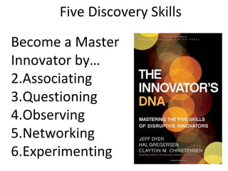 Five Discovery Skills
Become a Master
Innovator by…
2.Associating
3.Questioning
4.Observing
5.Networking
6.Experimenting
 
