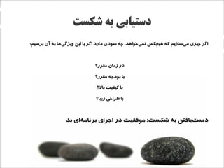 ‫دستیابی به شکست‬
‫اگر چیزی میسازیم که هیچکس نمیخواهد، چه سودی دارد اگر با این ویژگیها به آن برسیم:‬
               ‫ج‌‬                                  ‫ج‌‬                ‫ج‌‬



                             ‫در زمان مقرر؟‬

                             ‫با بوداجه مقرر؟‬

                              ‫با کیفیت بال؟‬

                             ‫با طراحی زیبا؟‬



                ‫دستیافتن به شکست: موفقیت در ااجرای برنامهای بد‬
                     ‫ج‌‬                                    ‫ج‌‬
 