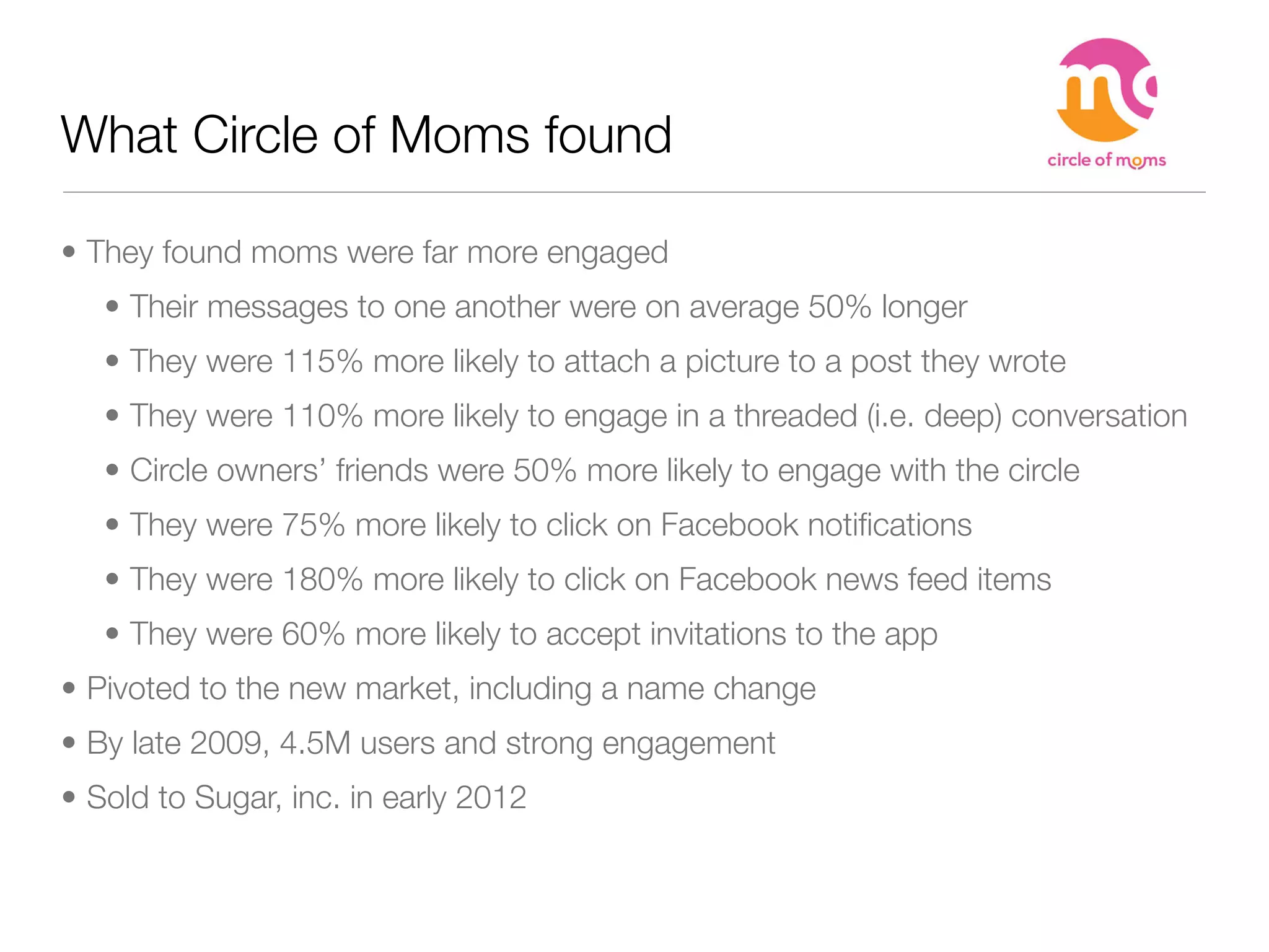 What Circle of Moms found

• They found moms were far more engaged
   • Their messages to one another were on average 50% longer
   • They were 115% more likely to attach a picture to a post they wrote
   • They were 110% more likely to engage in a threaded (i.e. deep) conversation
   • Circle owners’ friends were 50% more likely to engage with the circle
   • They were 75% more likely to click on Facebook notiﬁcations
   • They were 180% more likely to click on Facebook news feed items
   • They were 60% more likely to accept invitations to the app
• Pivoted to the new market, including a name change
• By late 2009, 4.5M users and strong engagement
• Sold to Sugar, inc. in early 2012
 