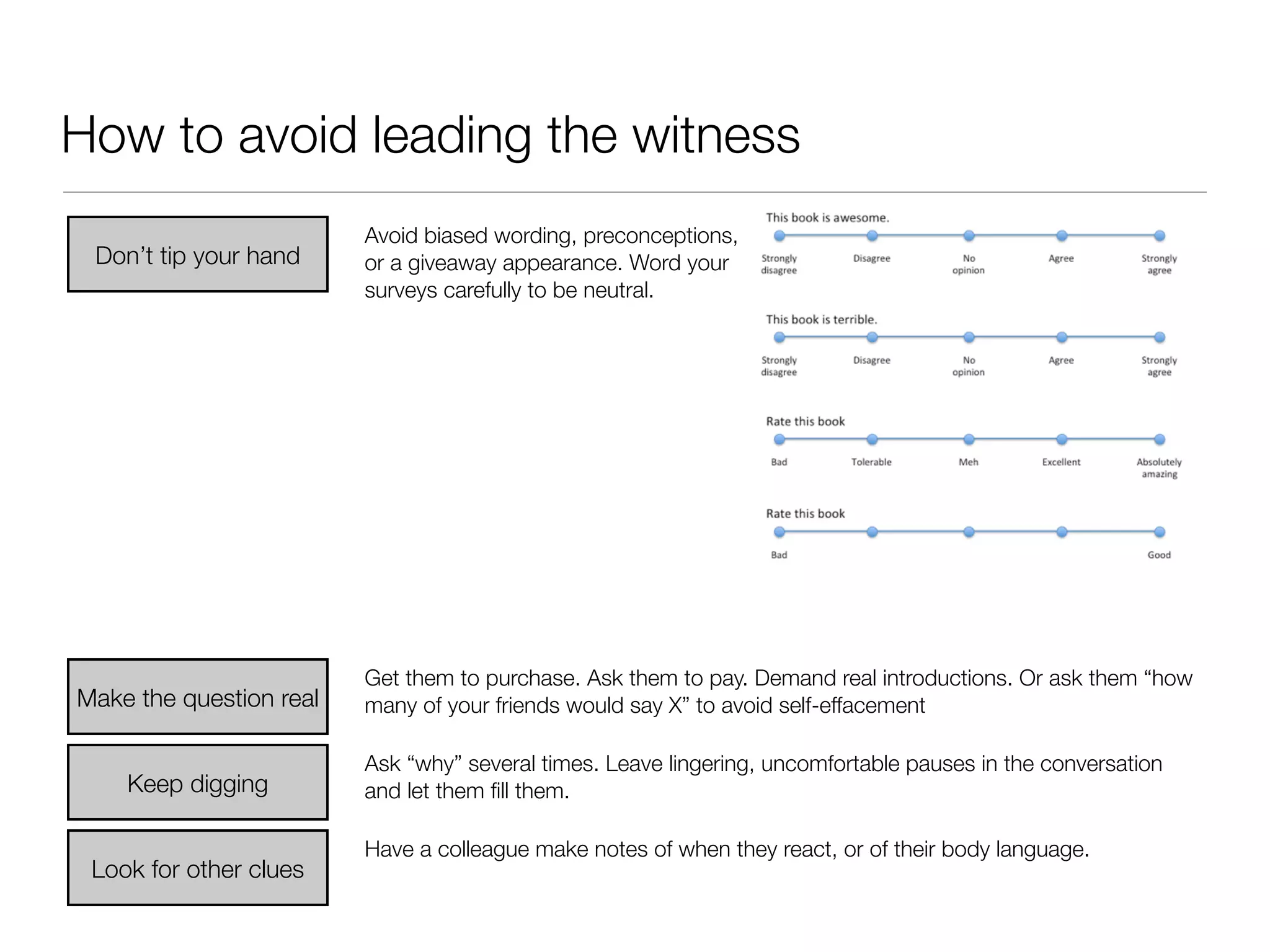 How to avoid leading the witness
                         Avoid biased wording, preconceptions,
 Don’t tip your hand     or a giveaway appearance. Word your
                         surveys carefully to be neutral.




                         Get them to purchase. Ask them to pay. Demand real introductions. Or ask them “how
Make the question real   many of your friends would say X” to avoid self-effacement

                         Ask “why” several times. Leave lingering, uncomfortable pauses in the conversation
    Keep digging         and let them ﬁll them.

                         Have a colleague make notes of when they react, or of their body language.
 Look for other clues
 