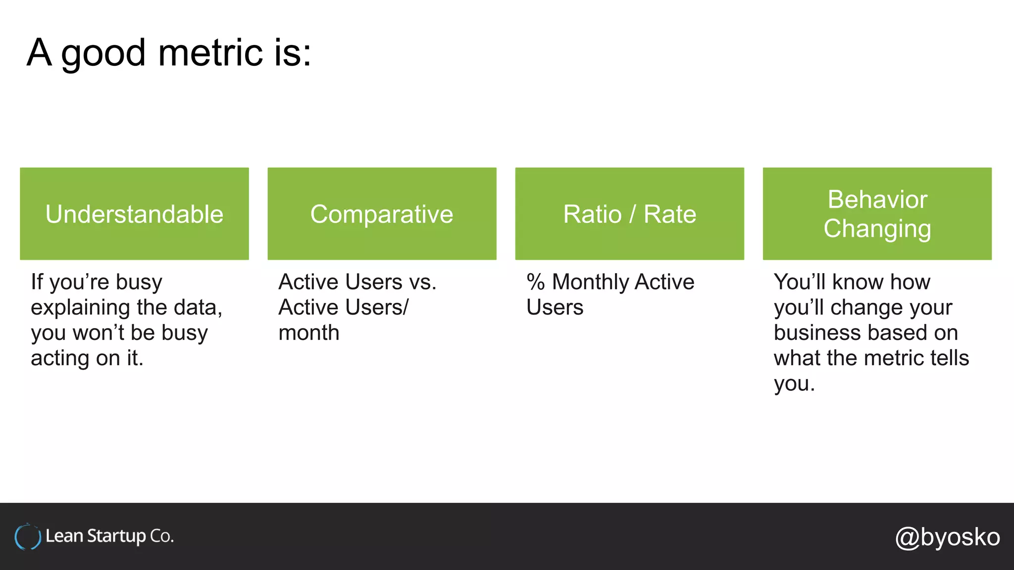 A good metric is:
Understandable
If you’re busy
explaining the data,
you won’t be busy
acting on it.
Comparative
Active Users vs.
Active Users/
month
Ratio / Rate
% Monthly Active
Users
Behavior
Changing
You’ll know how
you’ll change your
business based on
what the metric tells
you.
@byosko
 