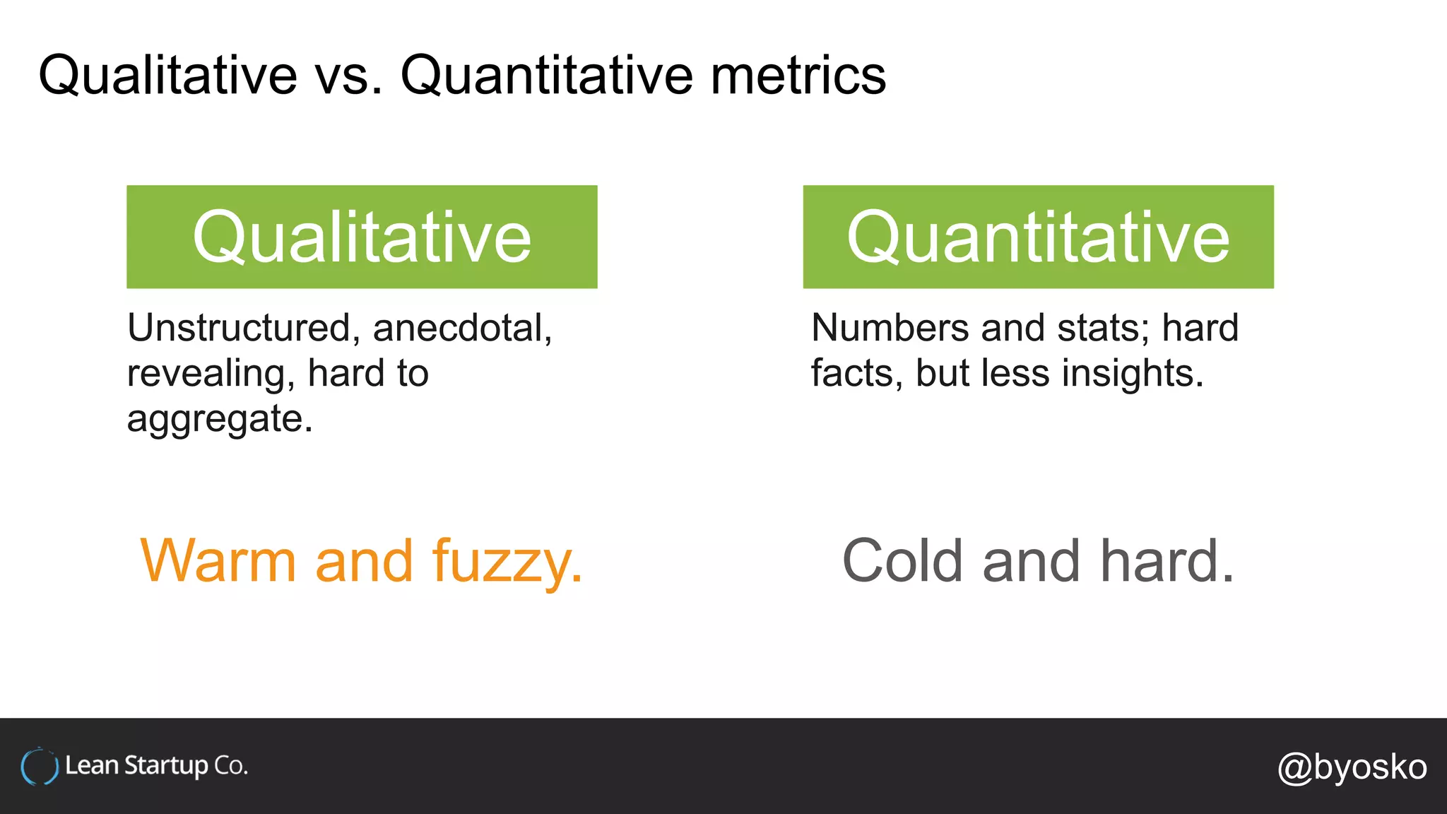Qualitative vs. Quantitative metrics
Qualitative Quantitative
Unstructured, anecdotal,
revealing, hard to
aggregate.
Numbers and stats; hard
facts, but less insights.
Warm and fuzzy. Cold and hard.
@byosko
 
