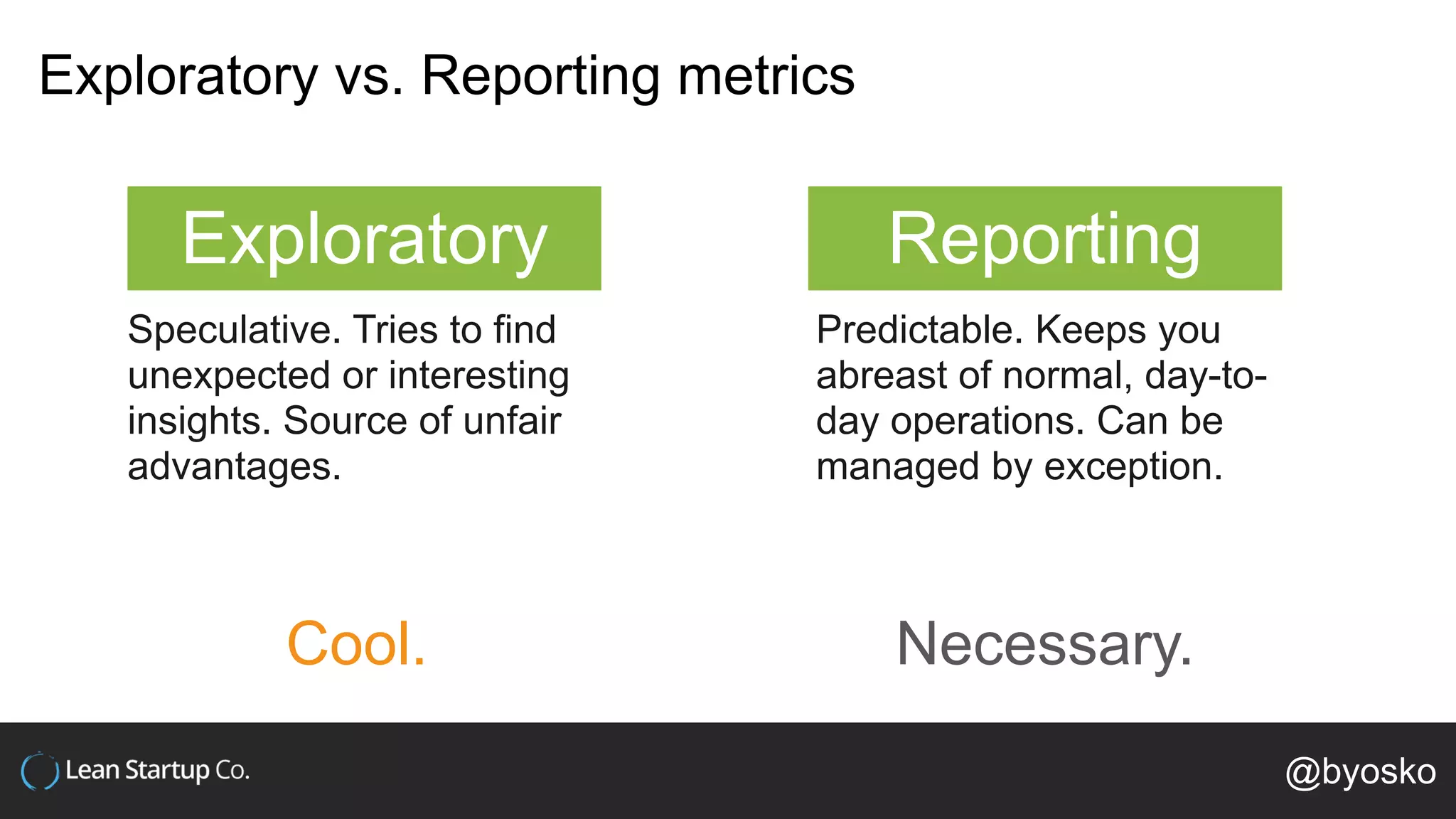 Exploratory vs. Reporting metrics
Exploratory Reporting
Speculative. Tries to find
unexpected or interesting
insights. Source of unfair
advantages.
Predictable. Keeps you
abreast of normal, day-to-
day operations. Can be
managed by exception.
Cool. Necessary.
@byosko
 