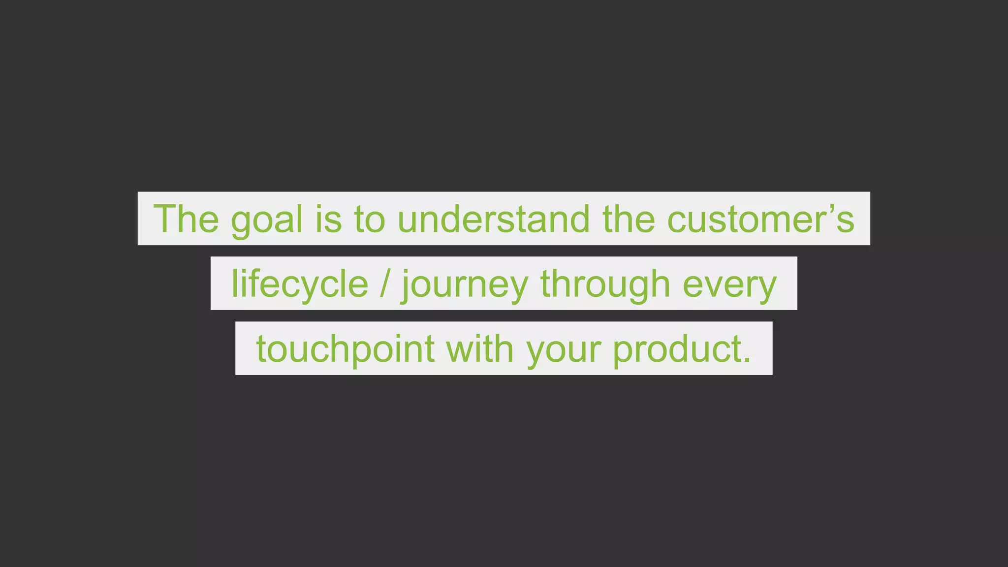 The goal is to understand the customer’s
lifecycle / journey through every
touchpoint with your product.
 