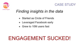 ! Started as Circle of Friends
! Leveraged Facebook early
! Grew to 10M users fast
ENGAGEMENT SUCKED!
CASE STUDY
Finding insights in the data
 