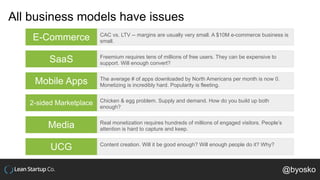 All business models have issues
CAC vs. LTV -- margins are usually very small. A $10M e-commerce business is
small.
Freemium requires tens of millions of free users. They can be expensive to
support. Will enough convert?
The average # of apps downloaded by North Americans per month is now 0.
Monetizing is incredibly hard. Popularity is fleeting.
Chicken & egg problem. Supply and demand. How do you build up both
enough?
Real monetization requires hundreds of millions of engaged visitors. People’s
attention is hard to capture and keep.
Content creation. Will it be good enough? Will enough people do it? Why?
E-Commerce
SaaS
Mobile Apps
2-sided Marketplace
Media
UCG
@byosko
 
