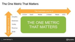 The One Metric That Matters
The business you’re in
E-Com SaaS Mobile 2-Sided Media UCG
Thestageyou’reat
Empathy
Stickiness
Virality
Revenue
Scale
THE ONE METRIC
THAT MATTERS
@byosko
 