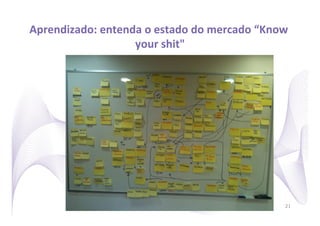 Aprendizado:	
  entenda	
  o	
  estado	
  do	
  mercado	
  “Know	
  
                      your	
  shit"  	
  




                                                                  21
 