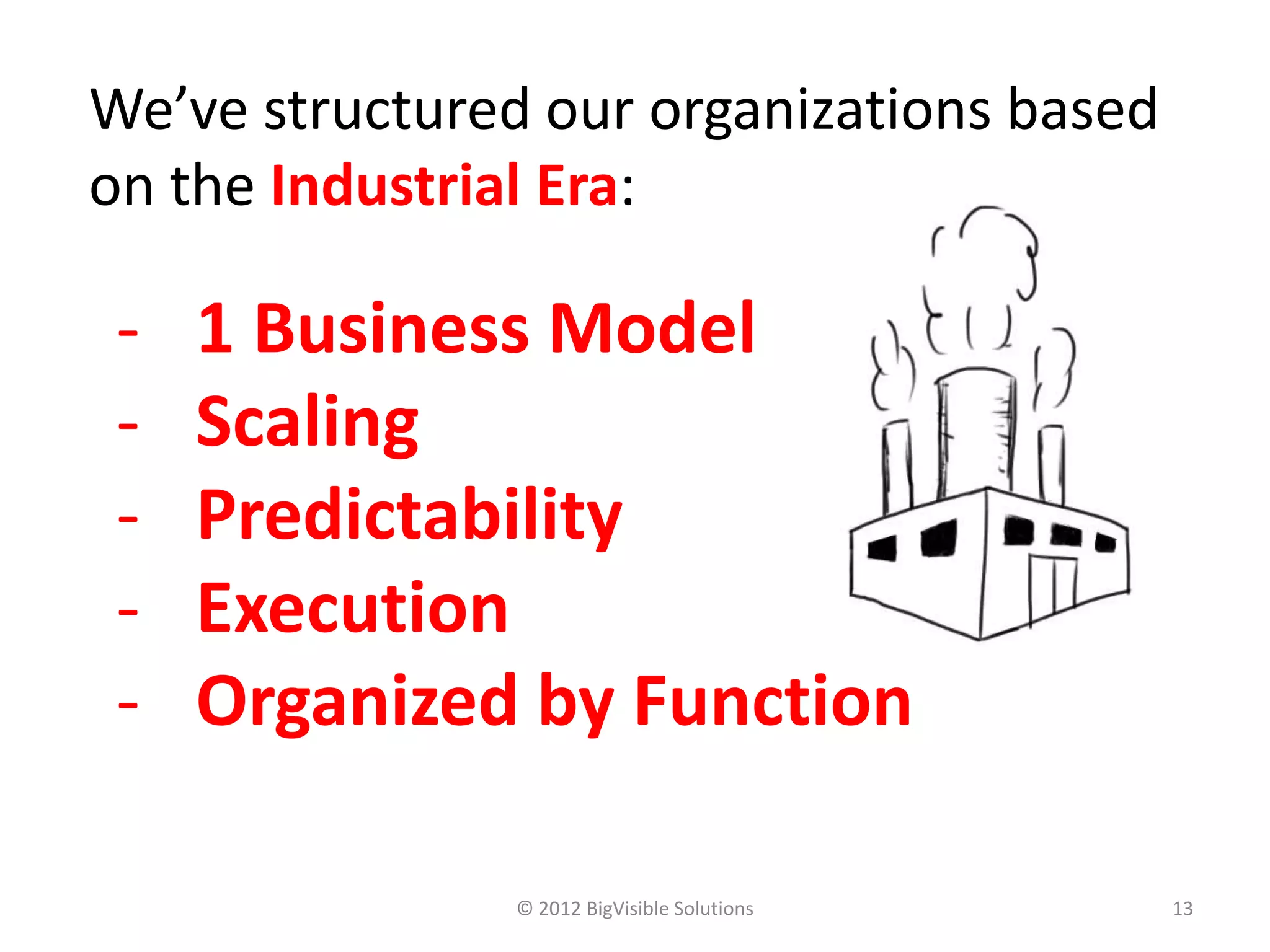 We’ve structured our organizations based
on the Industrial Era:

 -   1 Business Model
 -   Scaling
 -   Predictability
 -   Execution
 -   Organized by Function

               © 2012 BigVisible Solutions   13
 