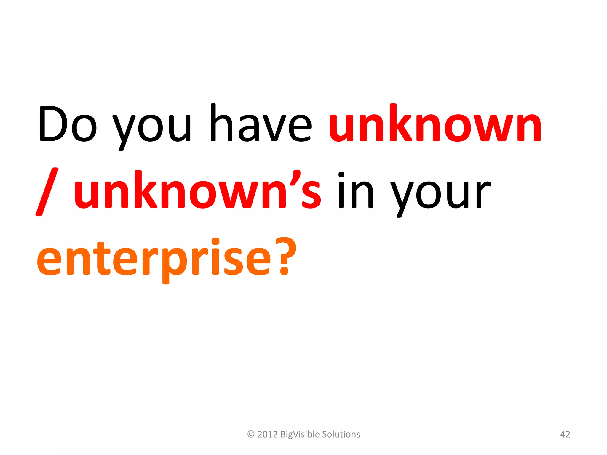 Do you have unknown
/ unknown’s in your
enterprise?

       © 2012 BigVisible Solutions   42
 